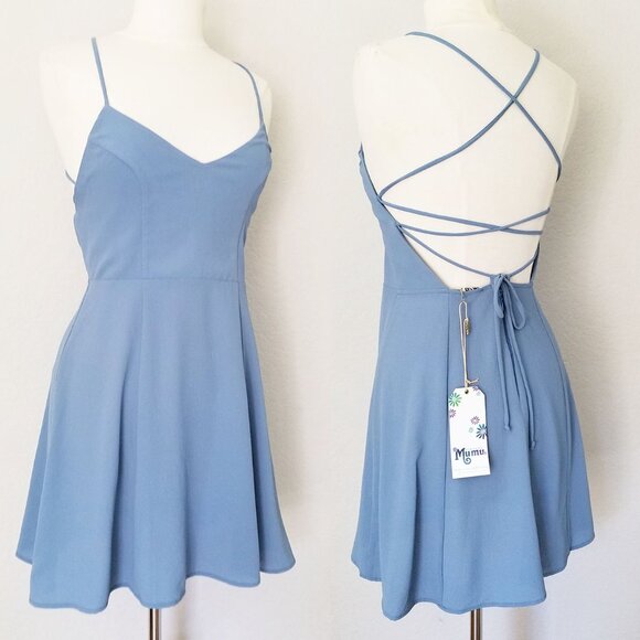 NEW Show Me Your Mumu Victoria Mini Dress Crisscross Laced Up Back Blue M $140 - Picture 4 of 13